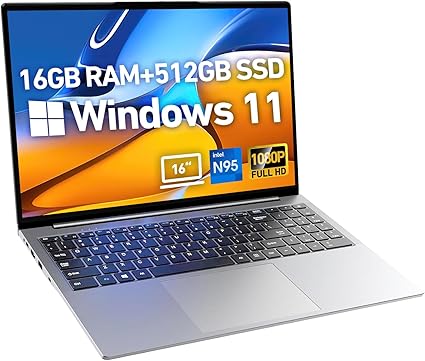 2025 Latest 16'' Full HD Laptop Computer Windows 11, 16GB RAM 512GB PCIe SSD, 12th Gen Intel N95 Processor(Max 3.4GHz), Work Laptop with Backlit KB, Type-C, HDMI, BT, WiFi, Webcam (Silver)