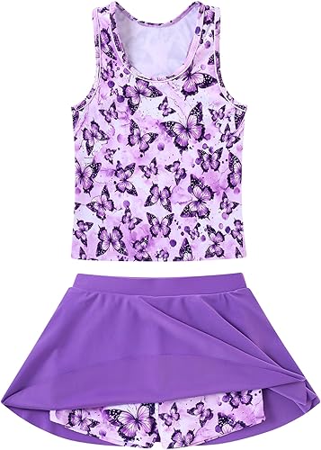 Vogseek 7-12T Girls 2-Piece Bathing Suit Sleeveless Swimsuit Tankini Sets with Shorts Skirt Swimwear