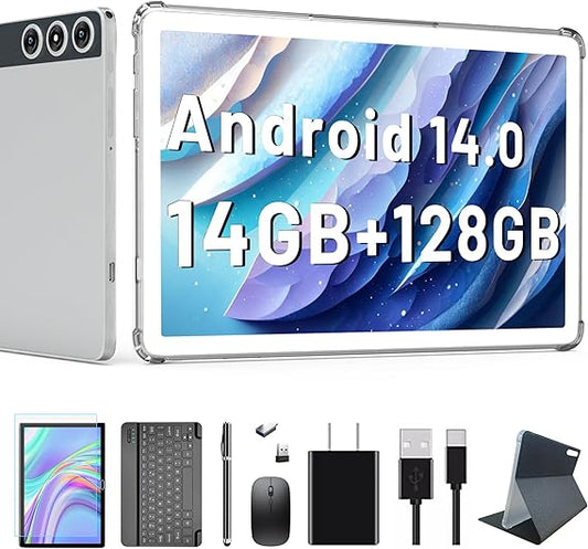 2025 Latest Android 14 Tablet, 10 Inch With 128GB Storage 1TB Expandable 14GB RAM, Dual 4G Cellular With Keyboard Support 5Ghz WiFi/Bluetooth 5.0/GPS, Octa-Core Processor, FHD IPS Screen