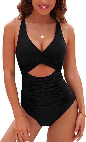 Blooming Jelly Womens One Piece Swimsuits Push Up Tummy Control Bathing Suits V Neck Cutout Modest Swim Suits 2024