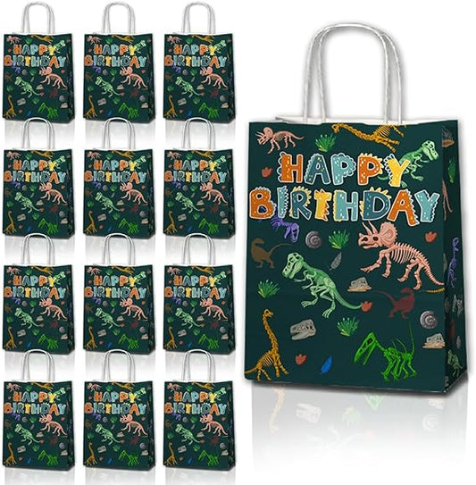 24 Pcs Dinosaur Party Favor Bags with Handles - T rex Goodie Bags Gift Bags. Dino Theme Candy Bags for Kids Boys, Kraft Paper Bags for Birthday Party Supplies, and Baby Shower Decorations.