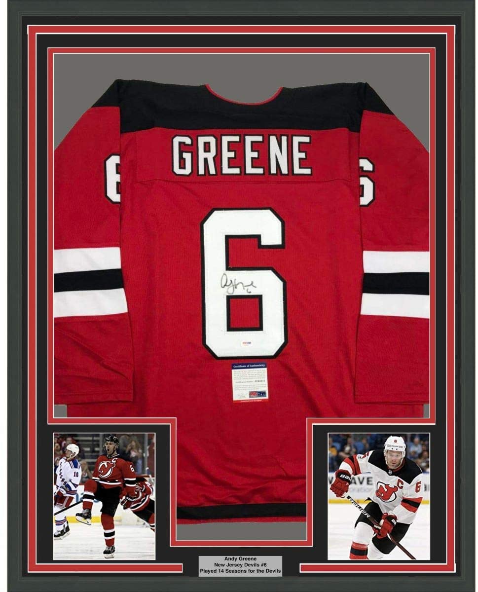 Framed Autographed/Signed Andy Greene 35x39 New Jersey Red Hockey Jersey PSA/DNA COA
