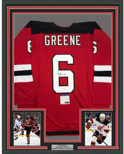 Framed Autographed/Signed Andy Greene 35x39 New Jersey Red Hockey Jersey PSA/DNA COA