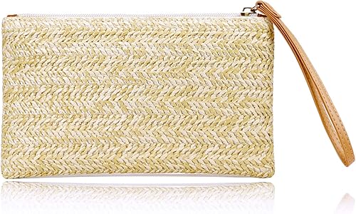 COOKOOKY Womens Straw Clutch Bag Bohemian Summer Beach Straw Purse Zipper Wristlet Wallets for Women