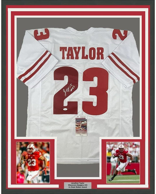 Autographed/Signed Jonathan Taylor Wisconsin White College Football Jersey JSA COA
