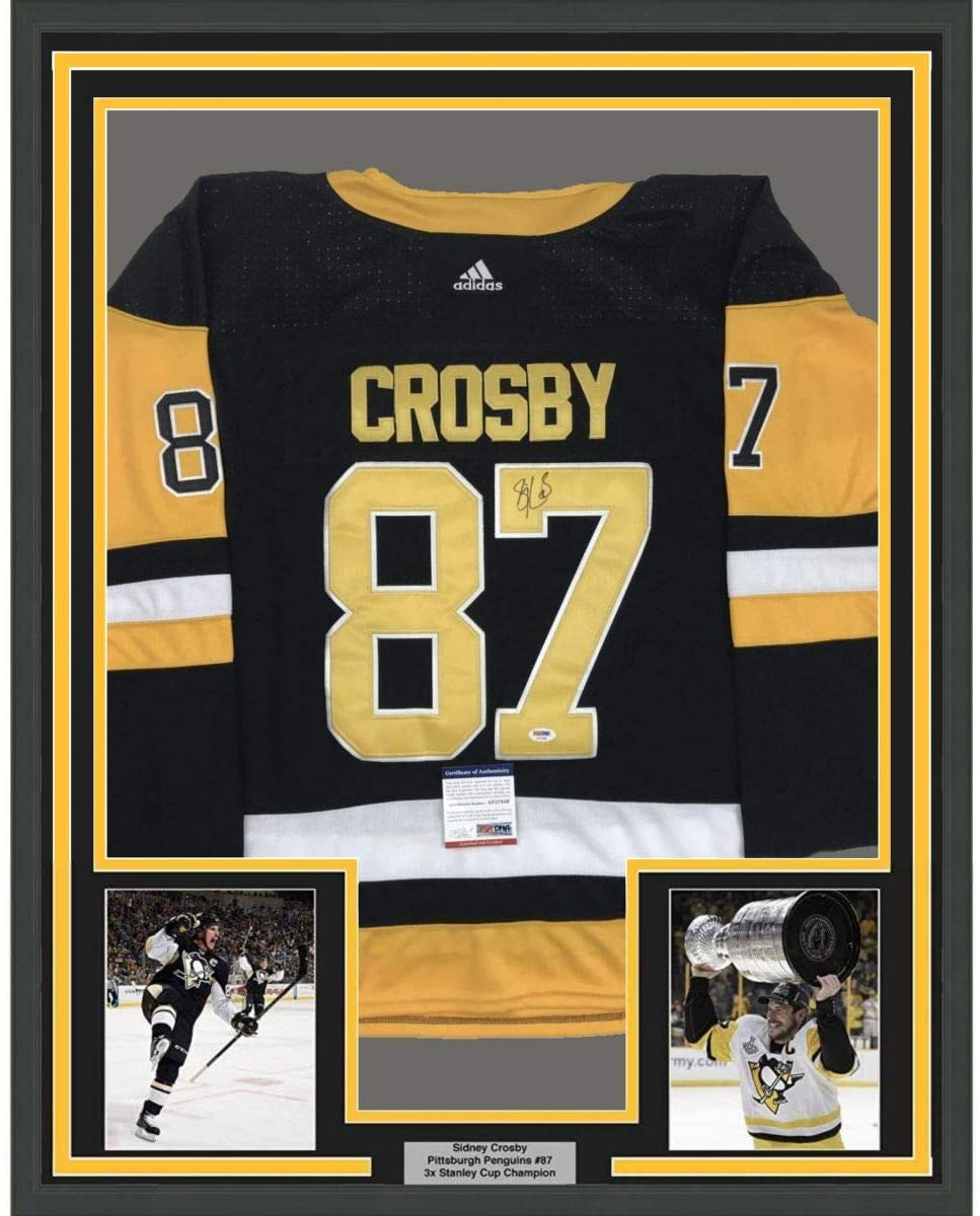 Framed Autographed/Signed Sidney Crosby 35x39 Pittsburgh Black Hockey Jersey PSA/DNA COA