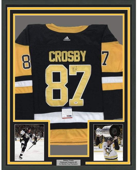 Framed Autographed/Signed Sidney Crosby 35x39 Pittsburgh Black Hockey Jersey PSA/DNA COA