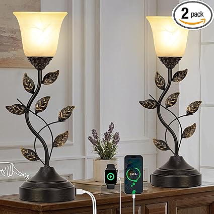 Bedside Lamps Set of 2, 20 Inch Retro Style Table Lamp for Bedroom Touch Control 3-Way Dimmable with USB C+A Charging Ports, Torchiere Lamps for Night Stands Metal Leaf and Glass Shade, Bulbs Included