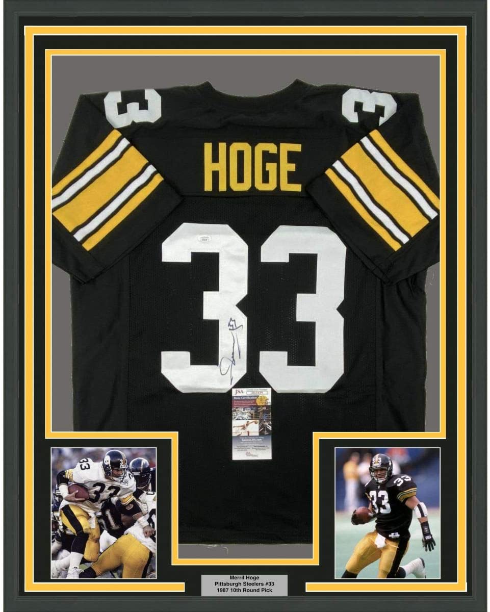 Framed Autographed/Signed Merril Hoge 35x39 Pittsburgh Black Football Jersey JSA COA