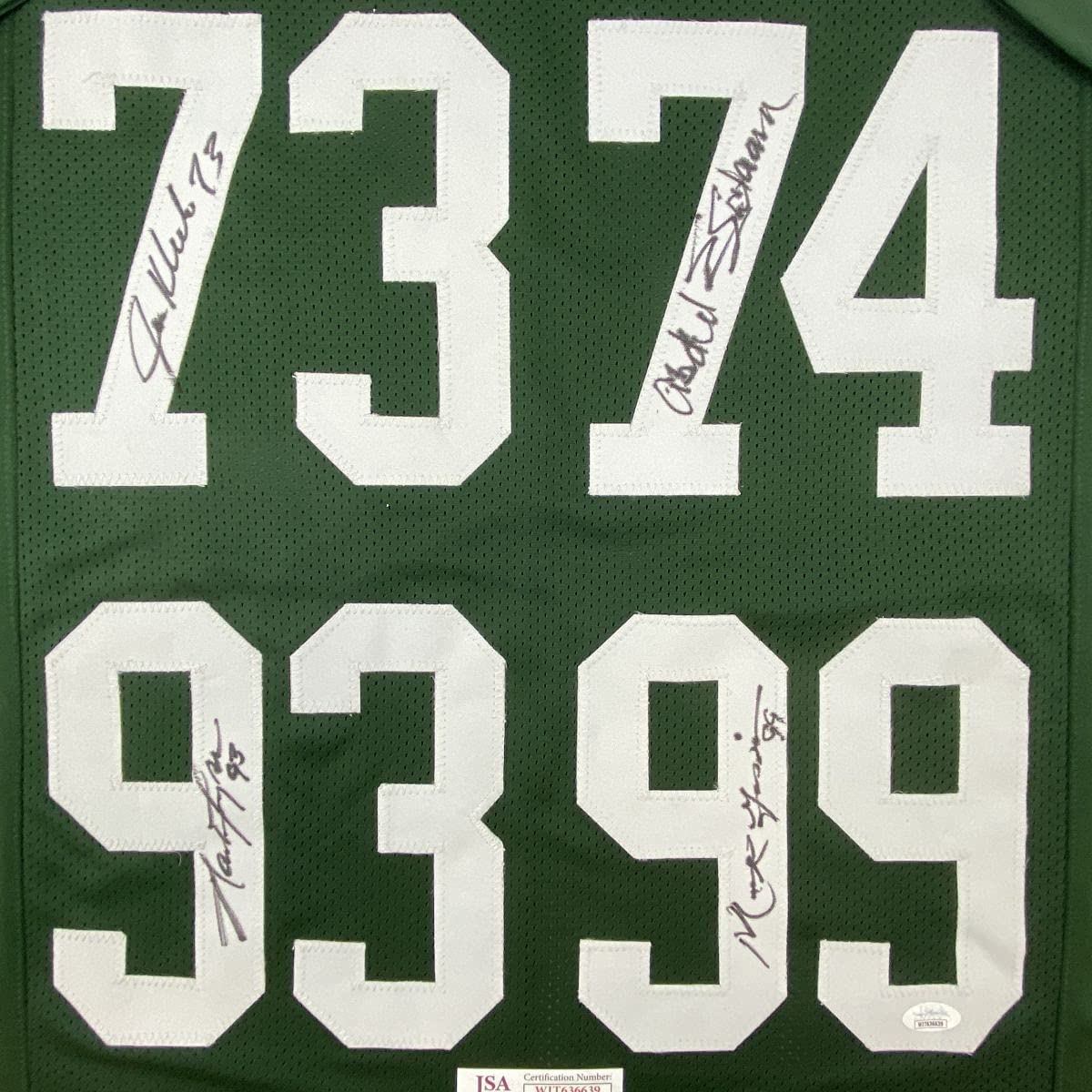 Autographed/Signed NY Sack Exchange Mark Gastineau, Joe Klecko, Marty Lyons & Abdul Salaam New York Green Football Jersey JSA COA