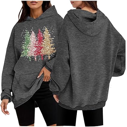 Oversized Christmas Sweatshirt for Women Holiday Graphic Hoodies Warm Long Sleeve Pullover Drawstring Sweatshirt