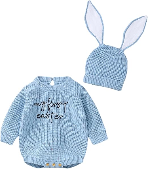 My First Easter Newborn Baby Girl Boy Outfit Long Sleeve Knit Romper Onesie with Bunny Hat Infant Clothes