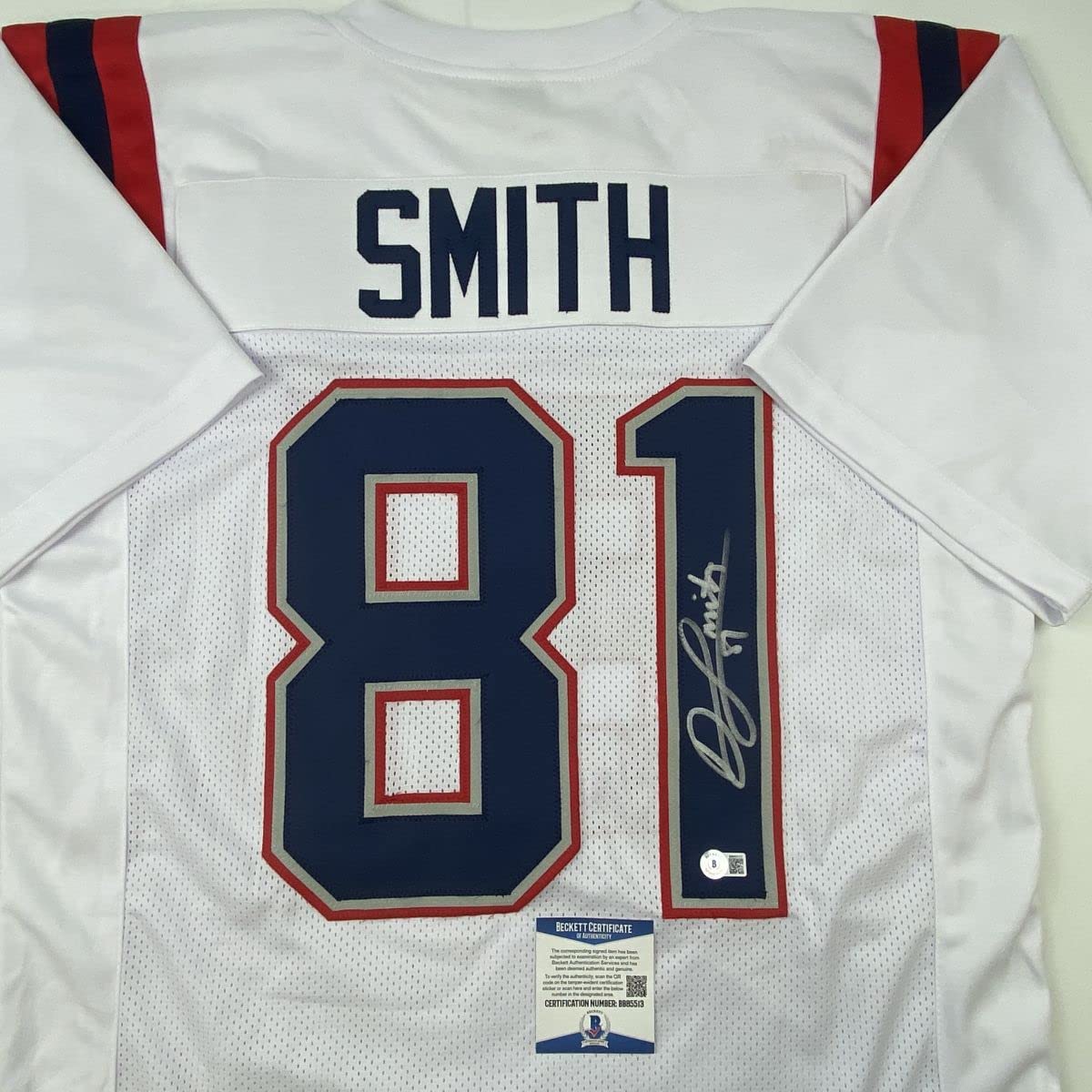 Autographed/Signed Jonnu Smith New England White Football Jersey Beckett BAS COA