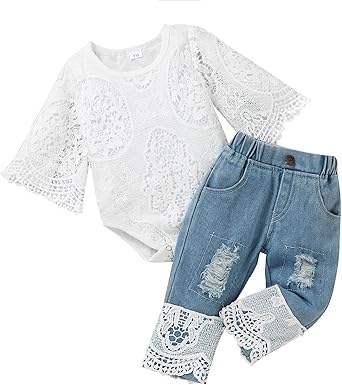 Baby Girl Clothes Toddler Outfit Infant White Lace Romper Long Sleeve + Jeans Pants Clothing Set