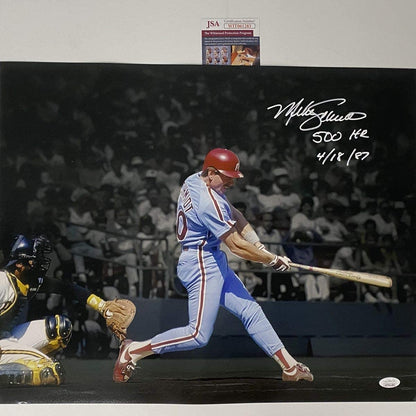 Autographed/Signed Mike Schmidt 500th HR Inscribed Philadelphia Phillies 16x20 Baseball Photo JSA COA