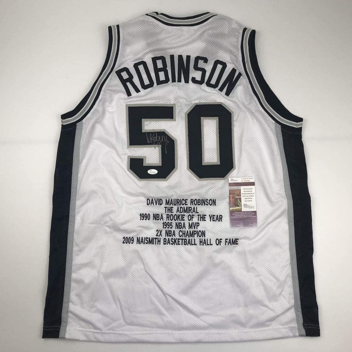 Autographed/Signed David Robinson San Antonio White Stat Basketball Jersey JSA COA