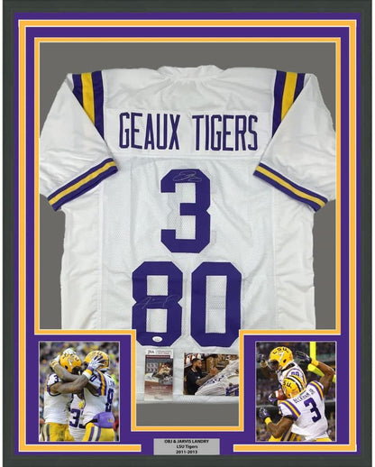 Framed Autographed/Signed Odell Beckham Jr. & Jarvis Landry 35x39 LSU White College Football Jersey JSA COA