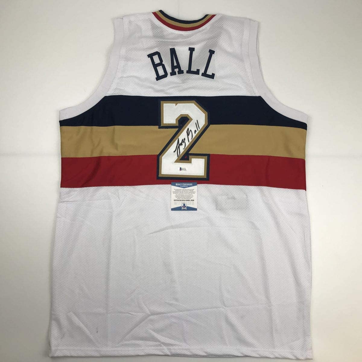 Autographed/Signed Lonzo Ball New Orleans White Basketball Jersey Beckett BAS COA