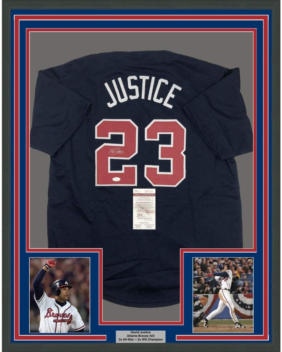 Framed Autographed/Signed David Justice 35x39 Atlanta Blue Baseball Jersey JSA COA