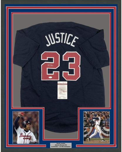 Framed Autographed/Signed David Justice 35x39 Atlanta Blue Baseball Jersey JSA COA