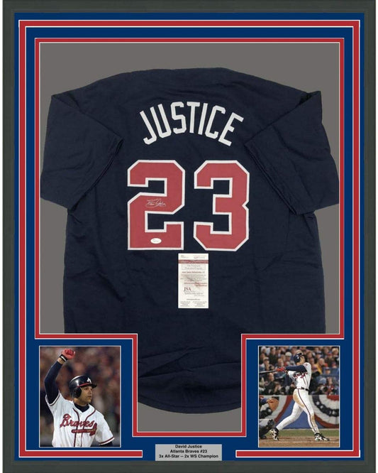 Framed Autographed/Signed David Justice 35x39 Atlanta Blue Baseball Jersey JSA COA