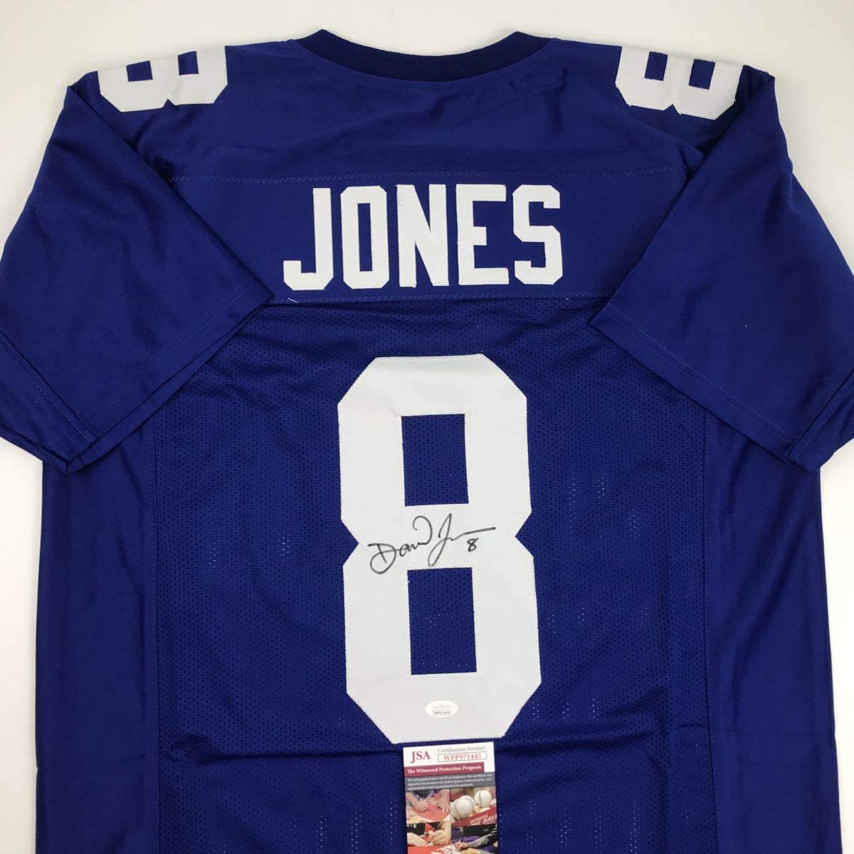 Autographed/Signed Daniel Jones New York Blue Football Jersey JSA COA