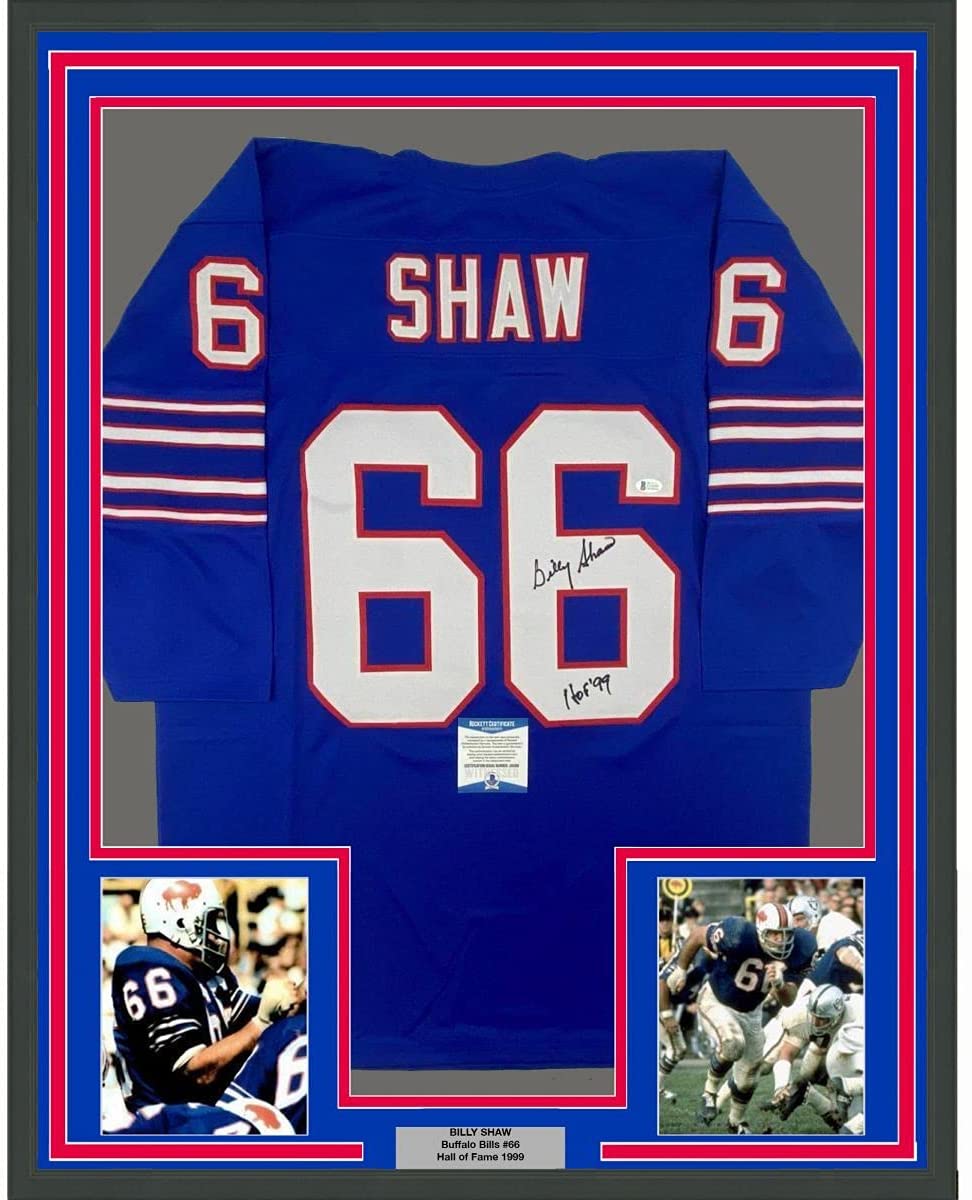 Framed Autographed/Signed Billy Shaw HOF 99 35x39 Buffalo Blue Football Jersey Beckett BAS COA