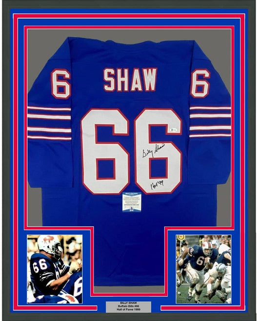 Framed Autographed/Signed Billy Shaw HOF 99 35x39 Buffalo Blue Football Jersey Beckett BAS COA