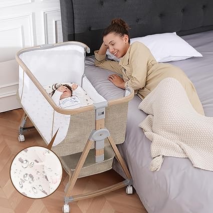 Baby Bassinet, Basinet Bedside Sleeper with Waterproof Bassinet Sheets and Soft Mattress, Safe Adjustable Height Bedside Bassinets with Wheels, Girl/Boy Bassinets, Khaki