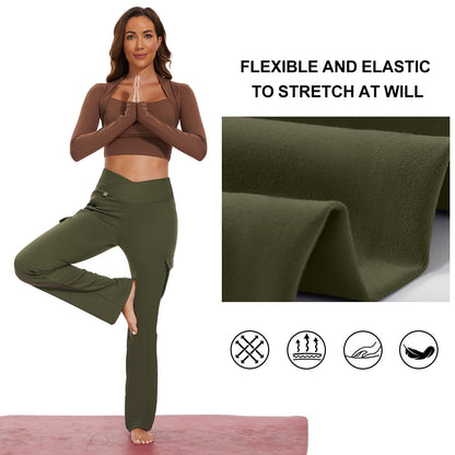 Flare Leggings for Women Yoga Crossover High Waist Pants with Tummy Control Workout Cargo with 5 Pockets Bootcut Leggings,Army Green(XL)