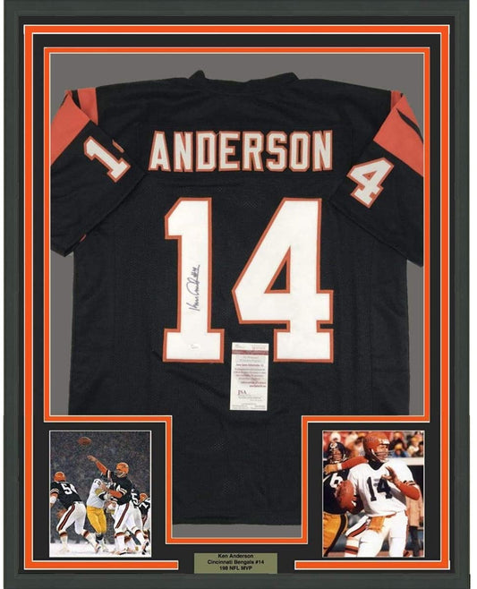 Framed Autographed/Signed Ken Anderson 35x39 Cincinnati Black Football Jersey JSA COA