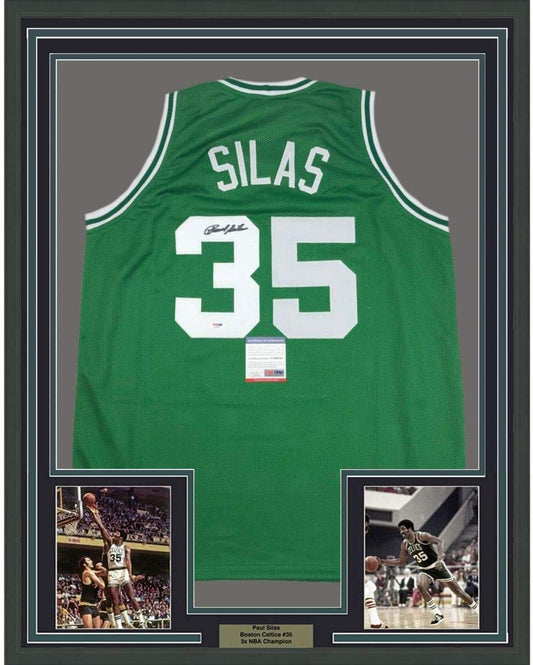 Framed Autographed/Signed Paul Silas 35x39 Boston Green Basketball Jersey PSA/DNA COA