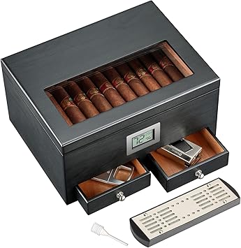 Cigar Humidors with 2 Drawers, Cigar Accessories with Humidifier, Humidor Cigar Box Solid Cedar Wood, Cigar Gifts for Men, Glass Top Humidor, Cigar Case Fit 25-50 Cigars, Desktop Cigar Box