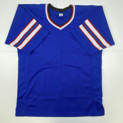 Autographed/Signed Jim Kelly Thurman Thomas Andre Reed Buffalo Dynasty Blue Football Jersey JSA COA
