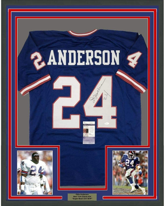 Framed Autographed/Signed Ottis Anderson 35x39 New York Blue Football Jersey JSA COA