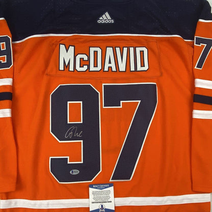 Autographed/Signed Connor McDavid Edmonton Orange Hockey Jersey Beckett BAS COA