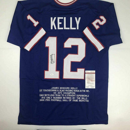 Autographed/Signed Jim Kelly Buffalo Blue Stat Football Jersey JSA COA