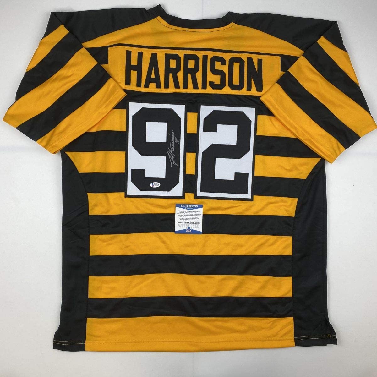 Autographed/Signed James Harrison Pittsburgh Bumble Bee Football Jersey Beckett BAS COA