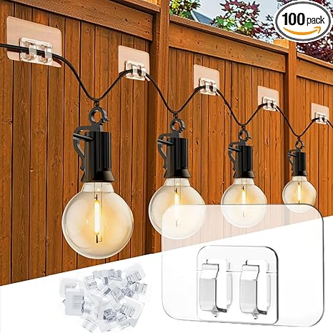 100 Pack Hooks for Outdoor String Lights Heavy Duty Cable Clips with Waterproof Adhesive Strips for Hanging Christmas Patio Balcony Lights Decor UV-Resistant Clear Sticky Cable Holders Rope Organizer