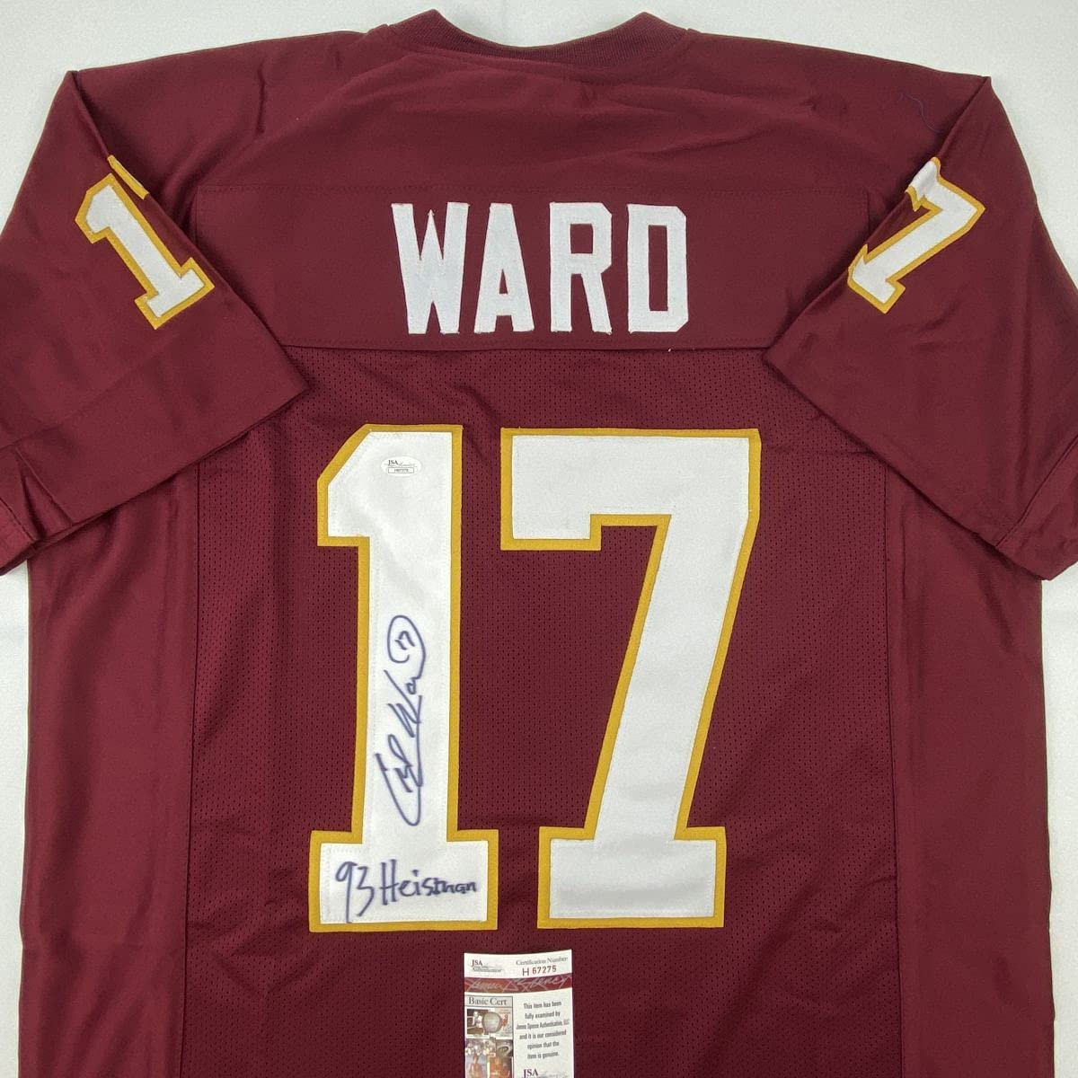 Autographed/Signed Charlie Ward 93 Heisman Florida State FSU Maroon College Football Jersey JSA COA