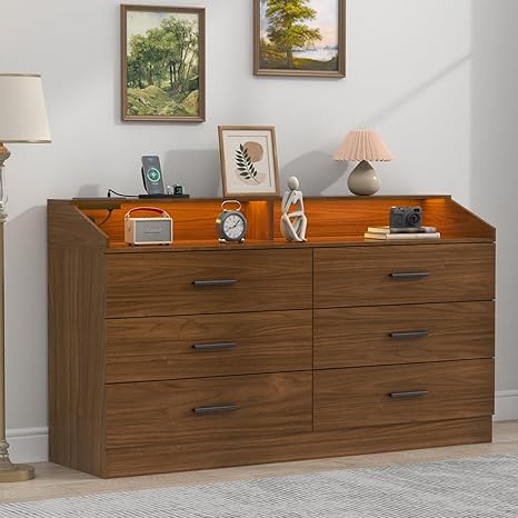 6 Drawer Dresser with Power Outlet, Chest of Drawers with LED Light, Modern Dresser with Open Storage Cubby, Double Wide Dresser Organizer for Bedroom, Living Room, Entryway, Hallway