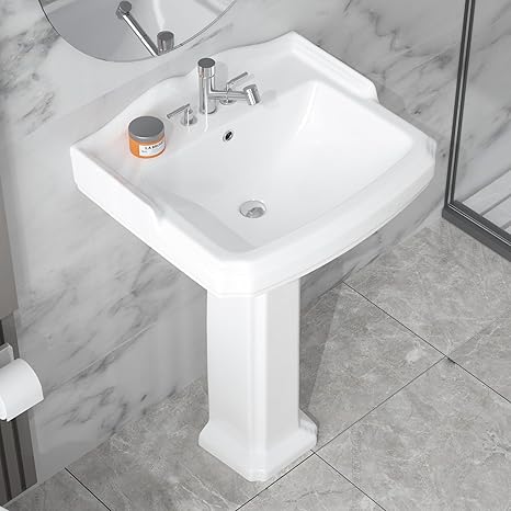 Pedestal Sink White 3 Hole, 23 x 19 Inch Large Bathroom Pedestal Sink Combo, Rectangular with Backsplash, 1 Overflow Hole, 3 Faucet Hole, Pure White Porcelain, for Bathroom