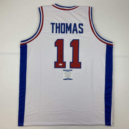 Autographed/Signed Isiah Thomas Detroit White Basketball Jersey Beckett BAS COA