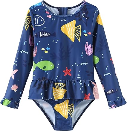 Baby and Toddler Girls One Piece Rash Guard Swimsuits for Girls Long Sleeve Swim Shirts with Sun Protection