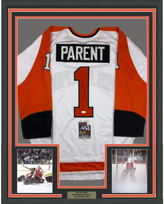 Framed Autographed/Signed Bernie Parent 35x39 Philadelphia White Hockey Jersey JSA COA