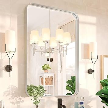 24x36 Bathroom Mirror - Brushed Nickel/Silver Metal Framed Vanity Mirror - Luxurious Wall Mirror - Modern Bathroom Mirrors for Over Sink - Decorative Mirrors for Wall