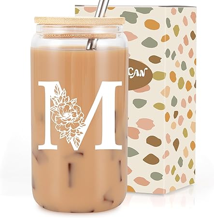 Coolife Initial Glass Cup, Monogrammed Gifts for Women, 16 oz Glass Cups w/Lids Straws, Iced Coffee, Smoothie, Beer Glass Tumbler w/Straw Lid - Personalized Christmas, Birthday Gifts for Her Mom