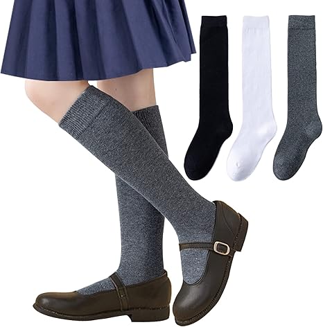 Girls Knee High Socks/Cable Knit/Ribbed School Uniform Socks 3/6 Pack Seamless Tube Socks Unisex Kids Soccer Socks 3-14 Years