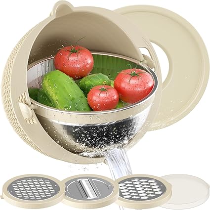 4-1 Colander with Bowl Set - Rotatable Strainers for Kitchen, Food Strainers and Colanders, Funny Kitchen Presents for Women, Fruit Cleaner, Veggie Wash, Aesthetic Kitchen Gadget Essentials - Beige