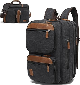3 In 1 Laptop Shoulder Bag: 17.3'' Canvas Messenger Bag Convertible Backpack Briefcase with Multiple Pockets & Laptop Sleeve for Men Work, Carry On Crossbody Bag for Notebook, Black